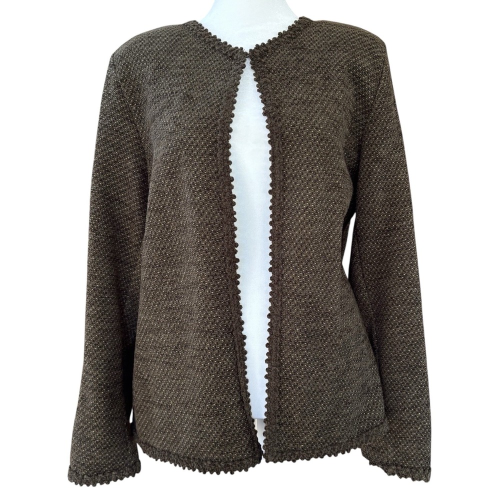 VTG Leslie Fay Dark‎ Olive Open Front Textured Cardigan Women's L Velvet Trim